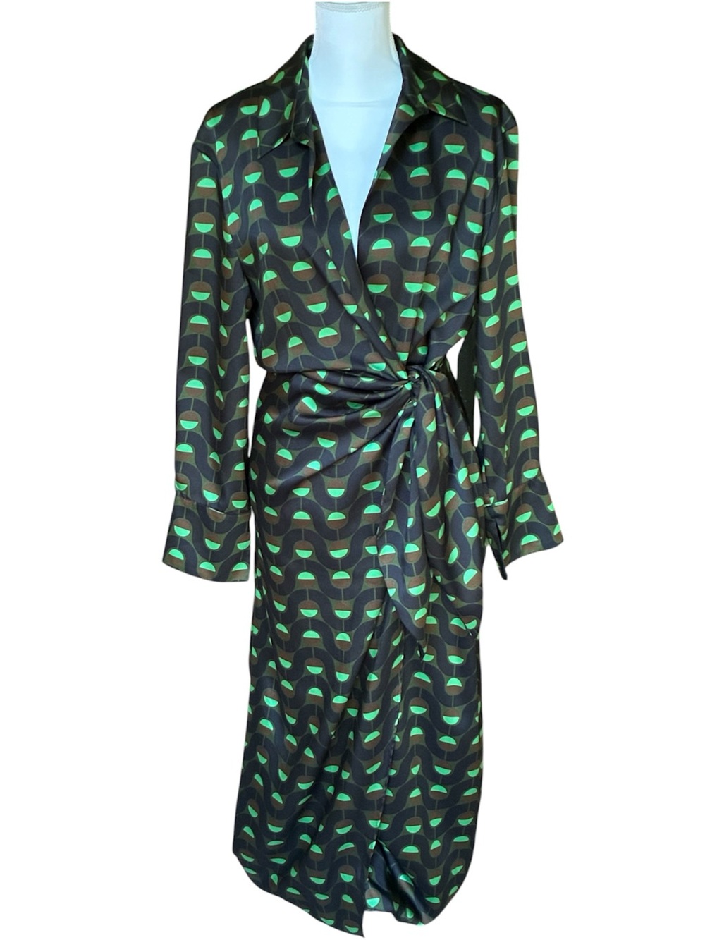 Zara‎ Olive Green/Brown Geometric Printed Wrap Tie Dress Size Large NWOT